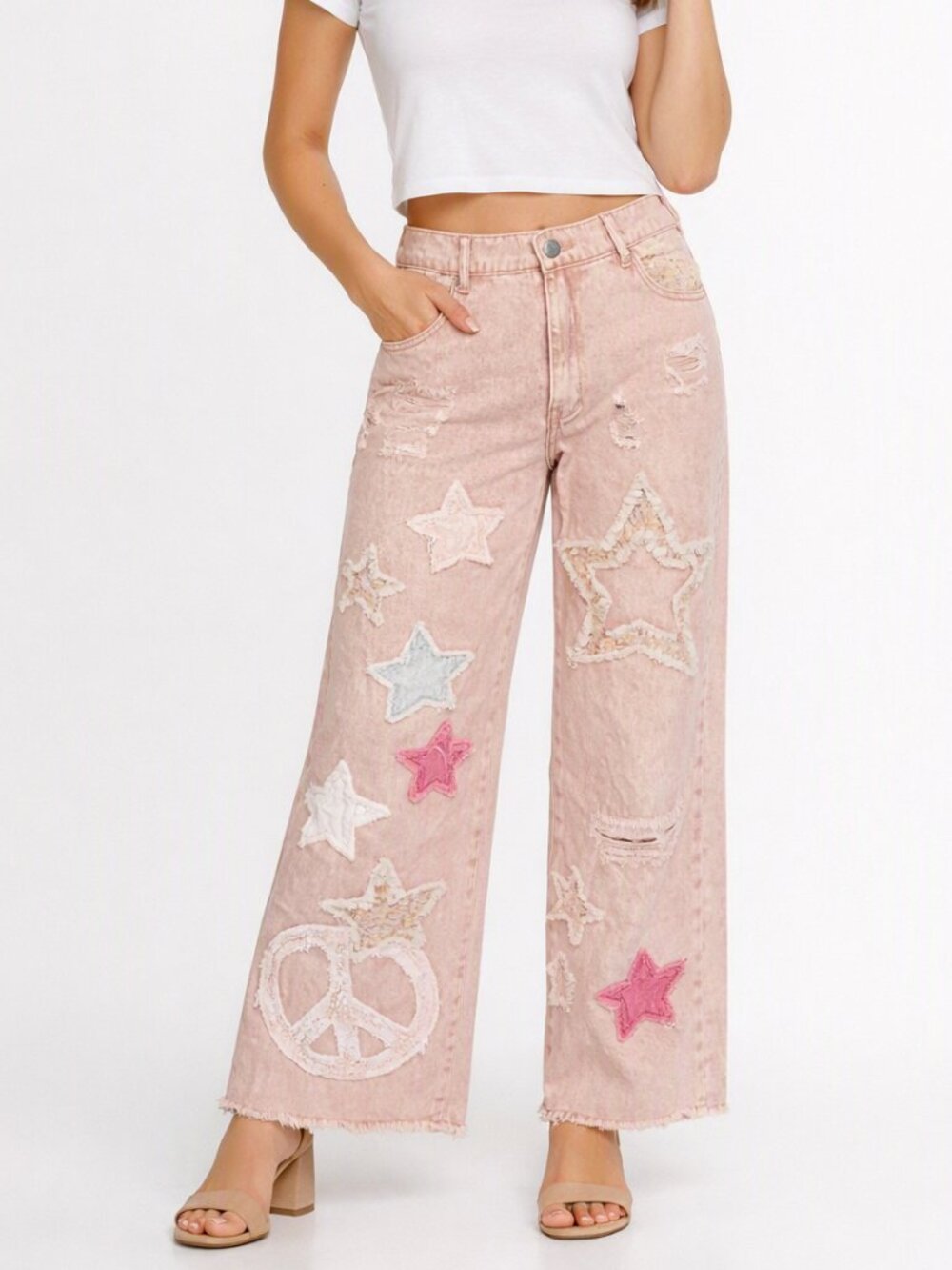 Oli &Hali Pink Denim Wide Leg Jeans Patchwork Peace Sign Star Distressed Short L